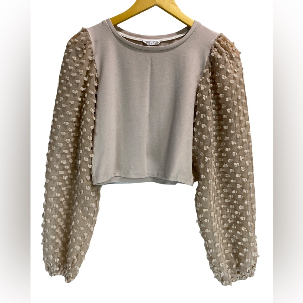 Vestique Beige Cropped Blouse Medium | Textured Balloon Sleeves Boho‎